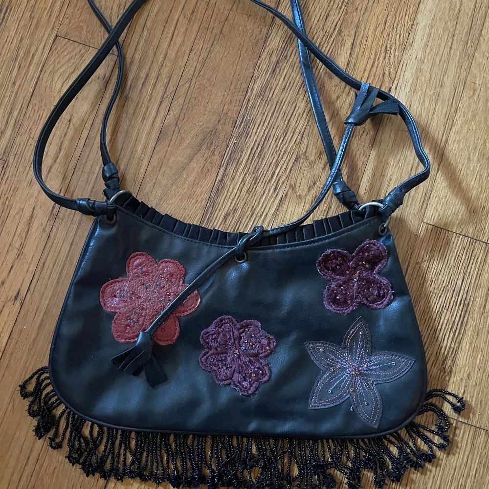 Express Black Mini Shoulder Bag with Pink & Purple Floral Appliqués